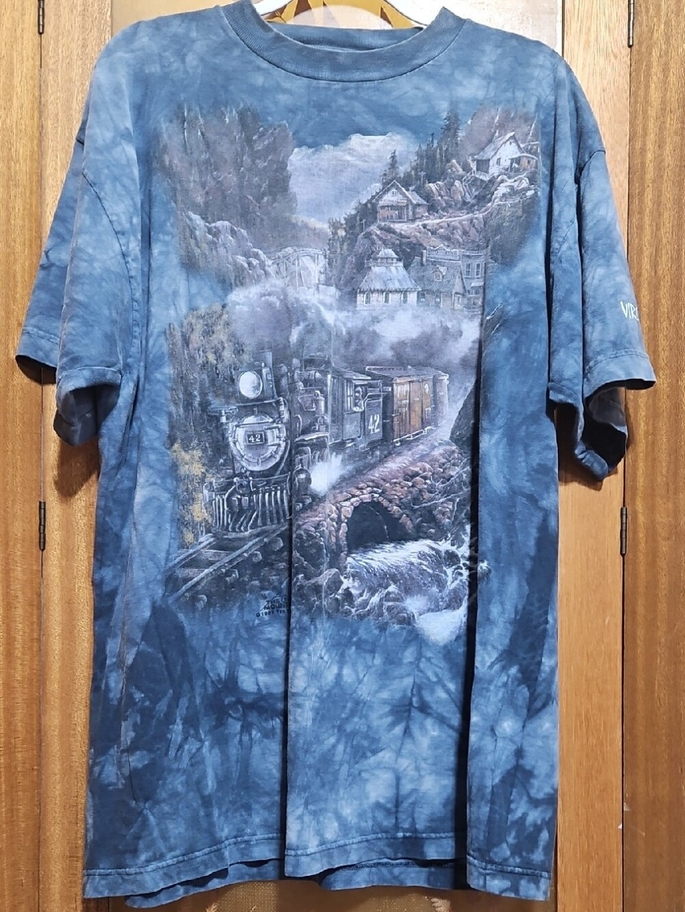 Men's Blue Tie-Dye Train Graphic Short Sleeve Tee